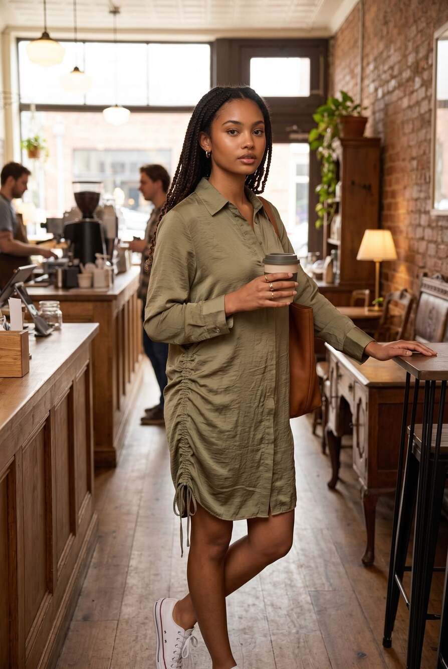 BB Dakota Steve Madden Olive Green Ruched Shirt Dress Size L